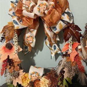 Autumn Harvest Wreath with Ribbon and Leaves